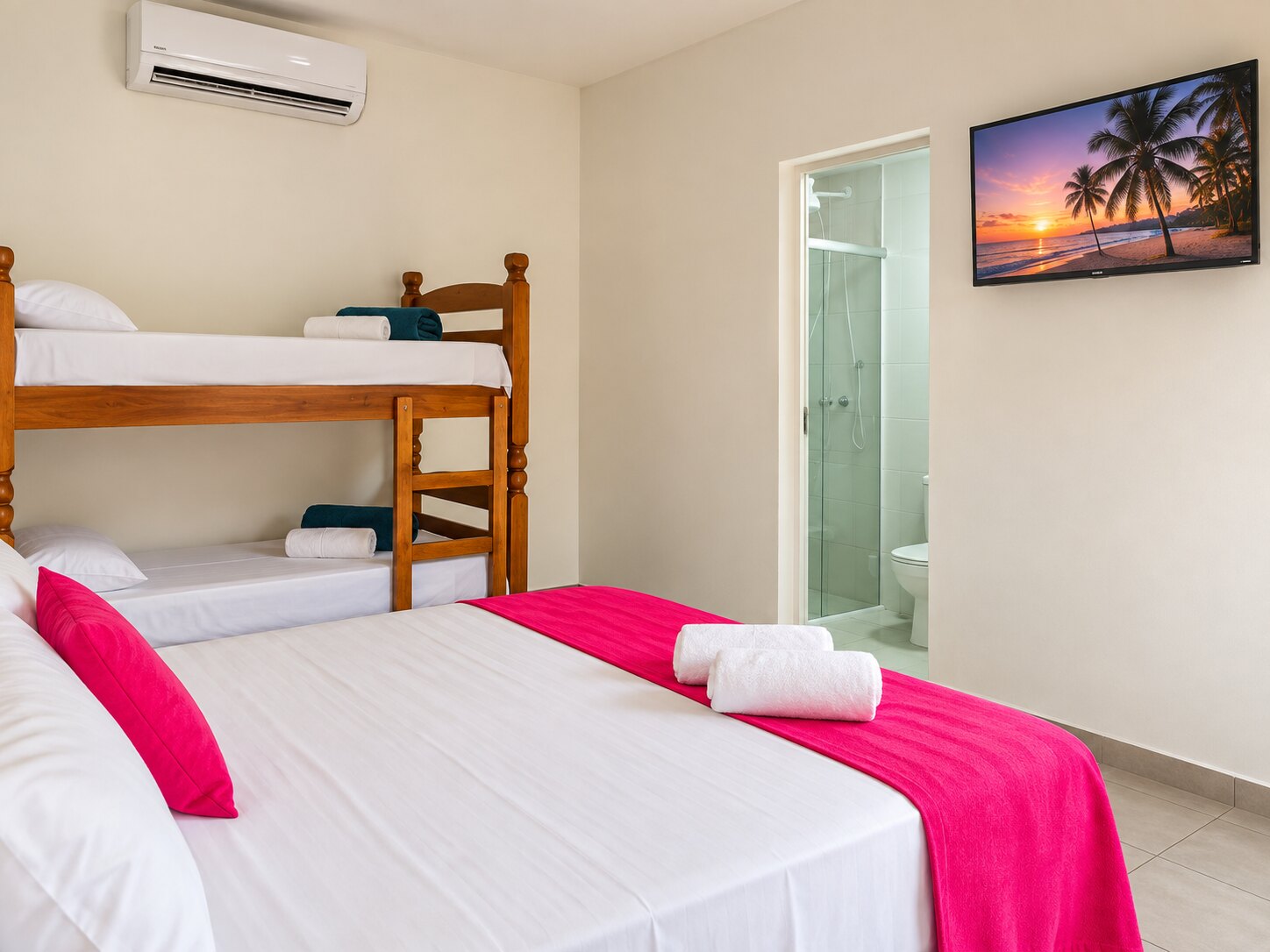 Quarto da Pousada Vila Real com ar-condicionado, TV e banheiro